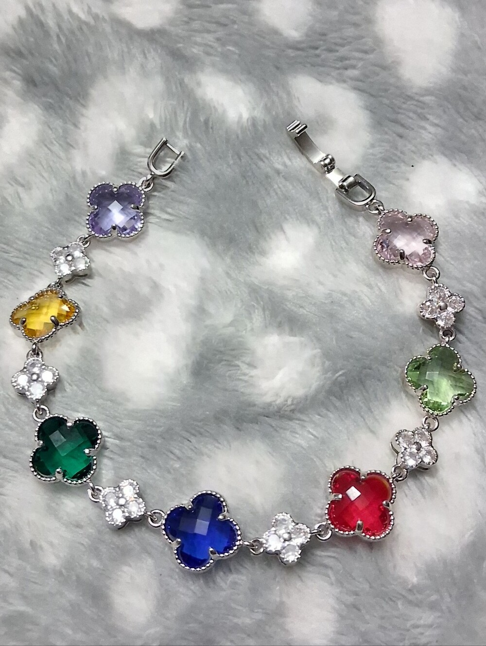 *Limited Edition* Multi-Color & Clear Clover Silver  Bracelet - Women Jewelry
